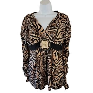 VTG Y2K Linda Segal Babydoll Top Sz L Animal Print Whimsigoth Fairy Grunge Boho